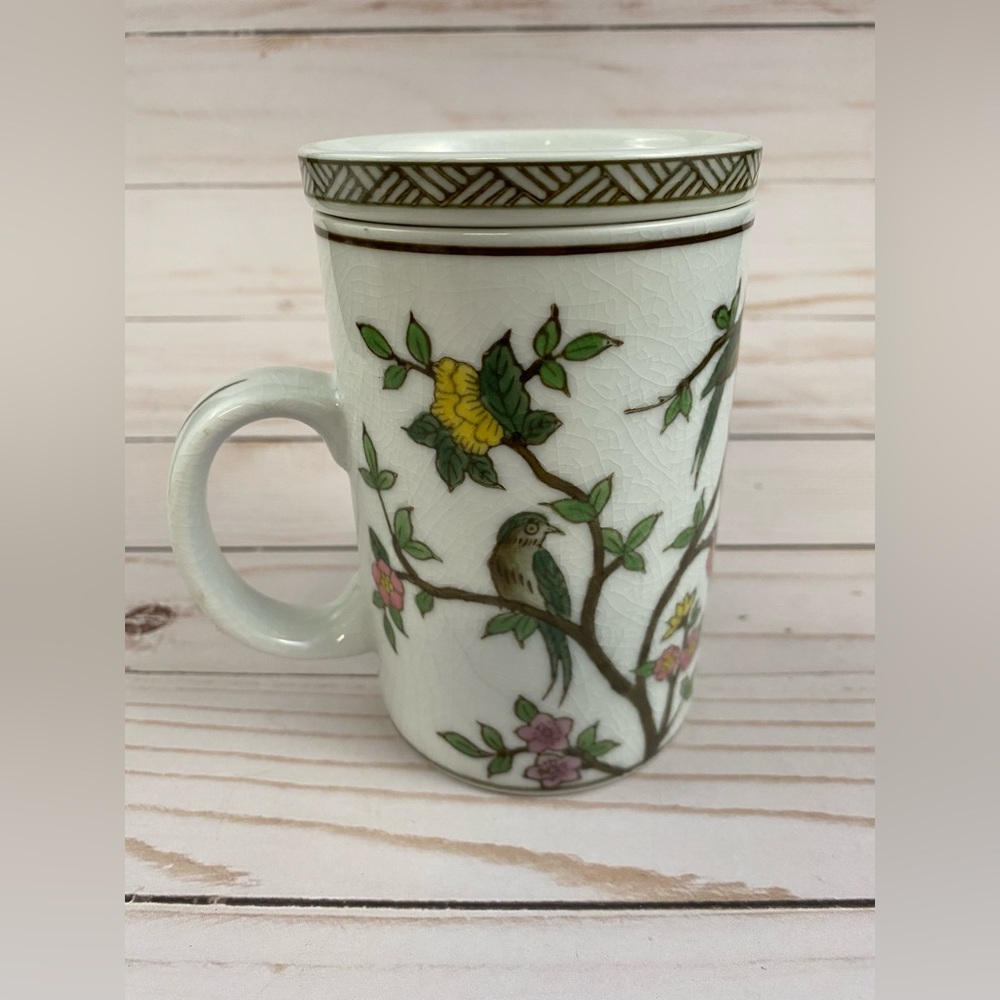 Pier 1 Imports Porcelain Tea Infuser Mug Birds & Blossoms Hand Painted NO LID